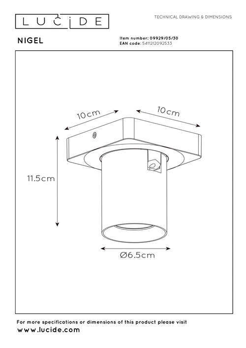 Lucide NIGEL - Spot plafond - LED Dim to warm - GU10 - 1x5W 2200K/3000K - Noir - technique